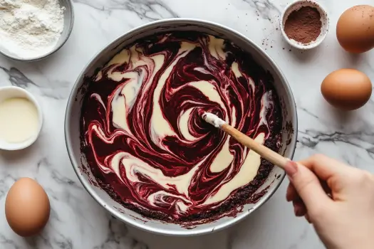 A baking pan with red velvet brownie batter and cheesecake swirl being marbled with a skewer.