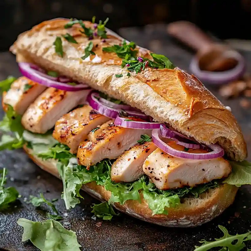 Close-up of a traditional Matjesbrötchen sandwich with pickled herring, sour cream, red onions, and dill on a crusty roll.