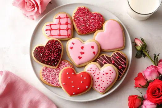 Overhead view of Valentine's Day cookies on a white plate with pink napkins, surrounded by roses and milk, perfect for romantic gifting.