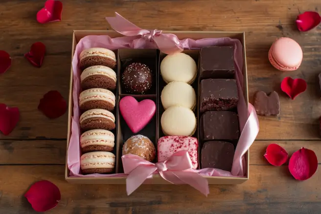 Valentine’s Day dessert box filled with heart-shaped cookies, truffles, and macarons on a wooden table with rose petals.