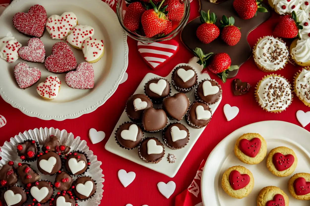 A festive spread of Valentine’s Day treats including heart-shaped cookies, cupcakes, and chocolate-covered strawberries.