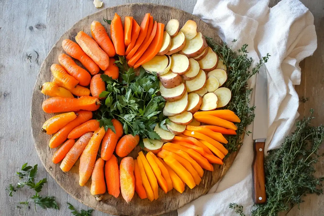 A colorful assortment of orange vegetables, including carrots, sweet potatoes, and butternut squash, styled on a rustic wooden board.