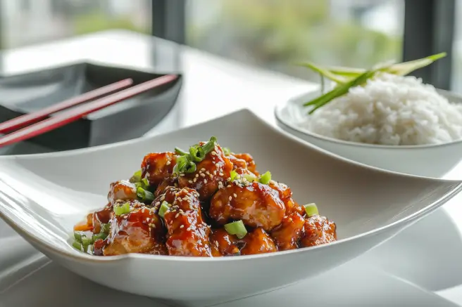 Honey Garlic Chicken plated beautifully with sesame seeds and green onions, served next to steamed rice.