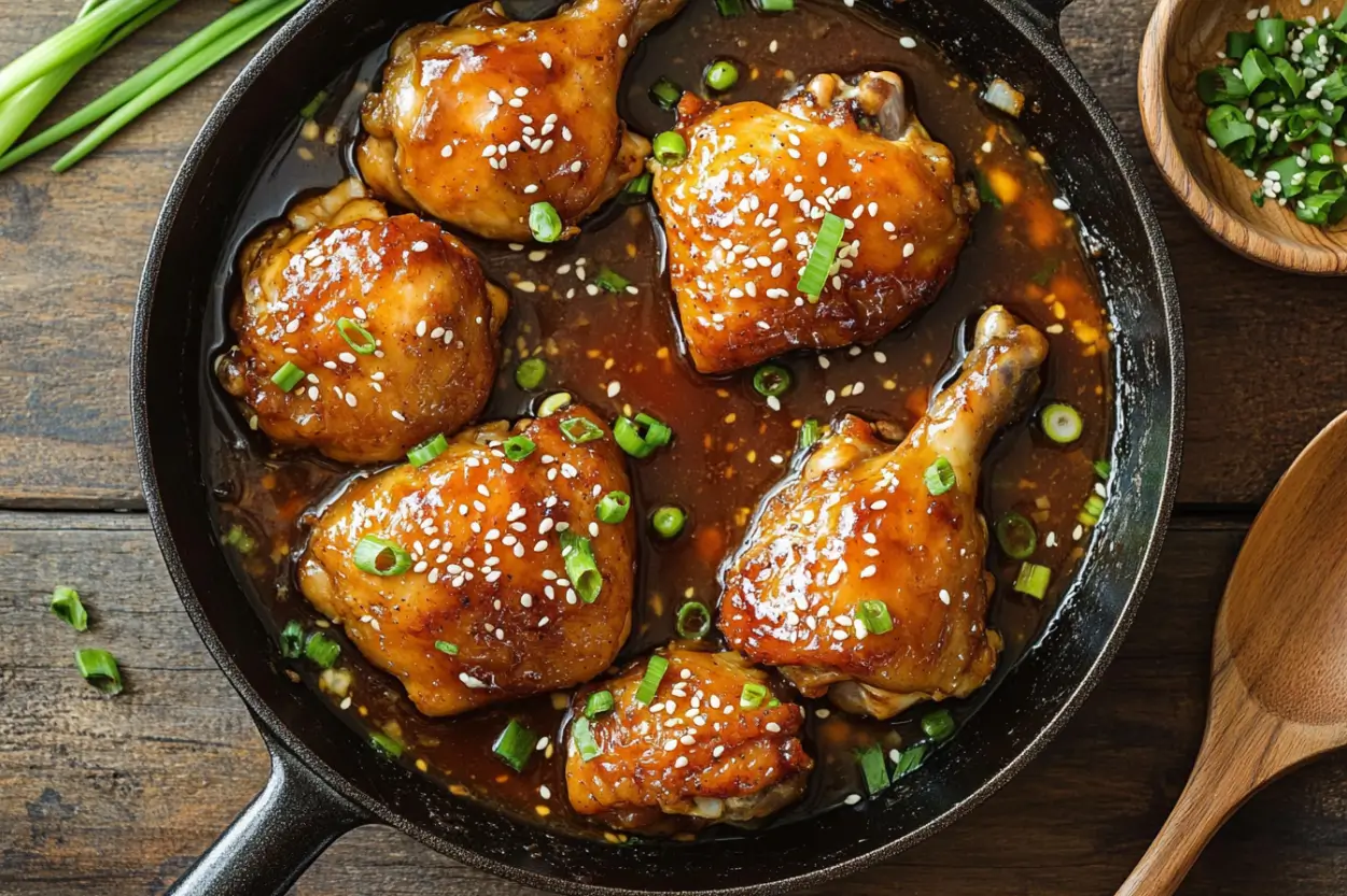A skillet of Honey Garlic Chicken with a glossy, sticky sauce, garnished with sesame seeds and green onions.