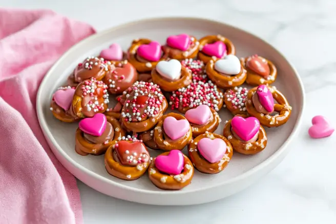 A festive plate of Valentine’s Day Caramel Pretzel Bites topped with colorful M&M’s and heart sprinkles, perfect for Valentine’s celebrations.