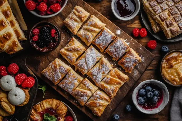 A close-up overhead view of various puff pastry desserts, including pinwheels, braids, and fruit-topped squares, dusted with powdered sugar on a wooden board.