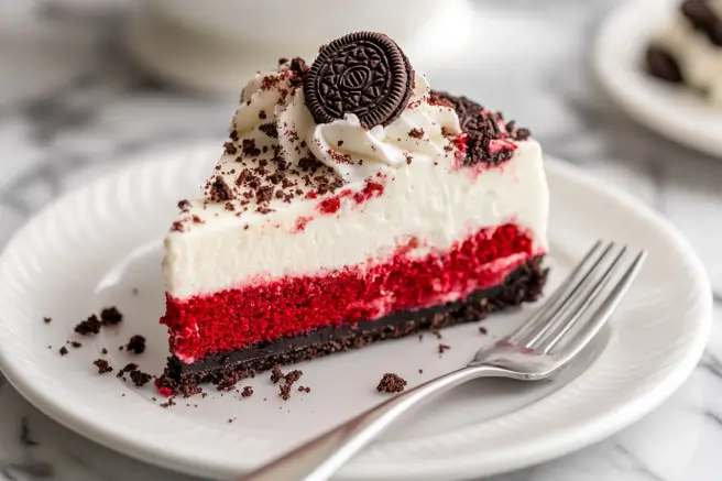A stunning whole Red Velvet Oreo Cheesecake with clean layers and decorative toppings, served on a white plate.