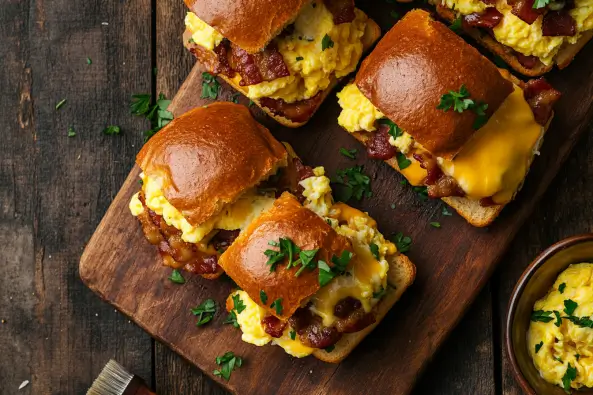 Freshly baked Cowboy Breakfast Sliders with crispy bacon, eggs, and melted cheese, served on a wooden board with Cowboy Butter.