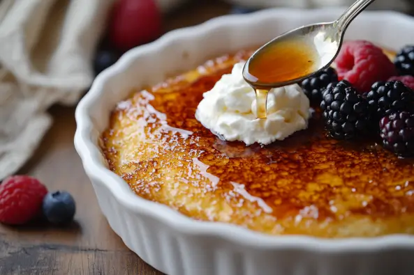 Golden-brown Crème Brûlée French Toast with caramelized sugar crust, drizzled with maple syrup, and served with fresh berries.