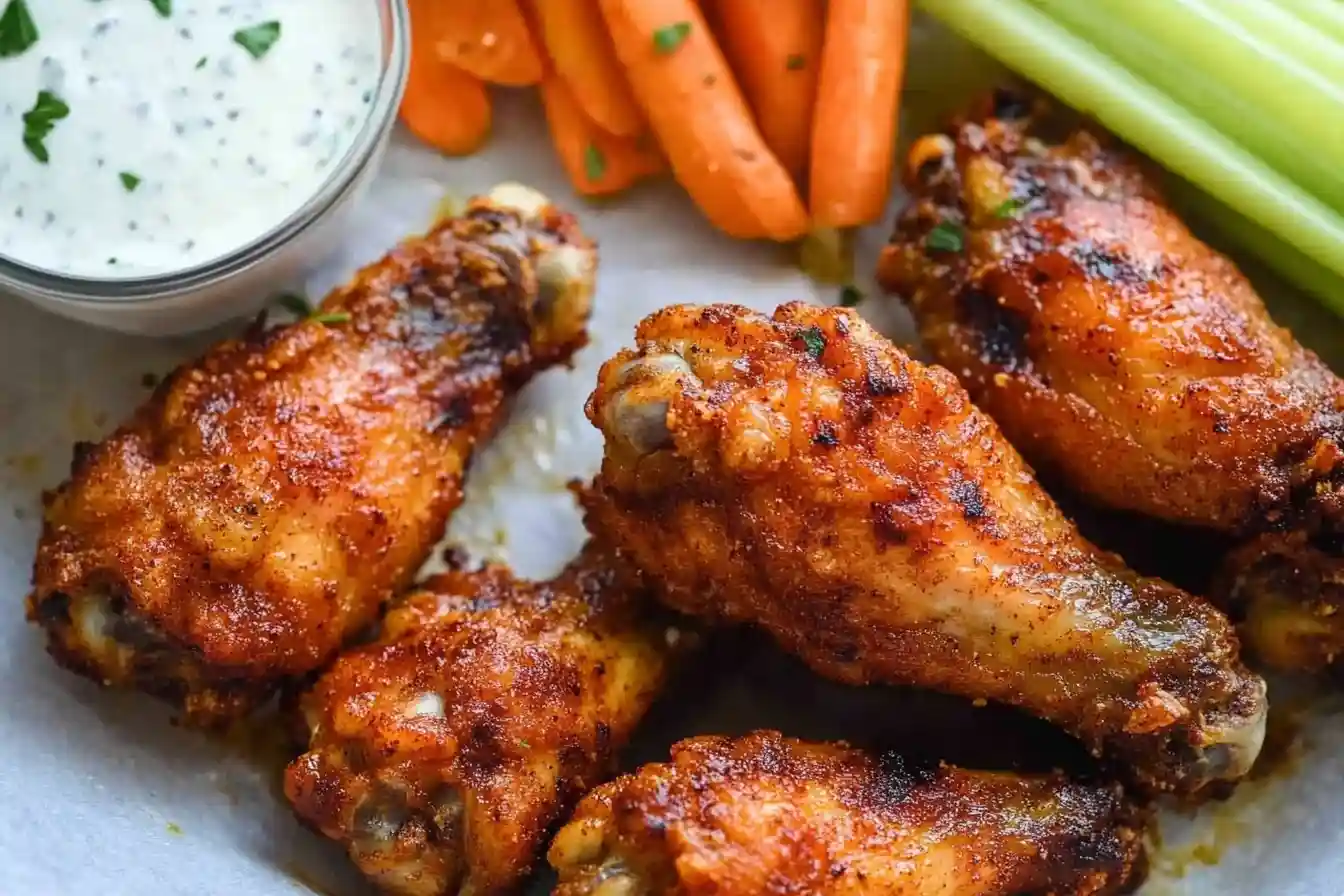 Crispy baked chicken wings served with ranch dressing, celery, and carrots on parchment paper.