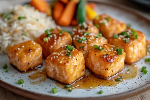 Crispy honey garlic salmon bites with a sticky glaze, garnished with sesame seeds and chives, served with rice and vegetables.