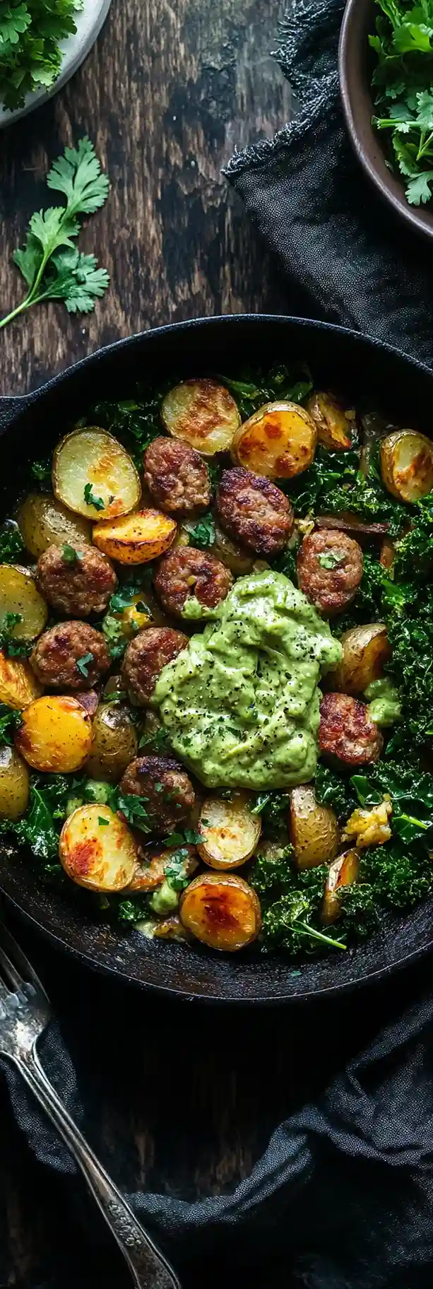 A beautifully plated eggless breakfast skillet with crispy potatoes, sausage, kale, and avocado cilantro sauce.