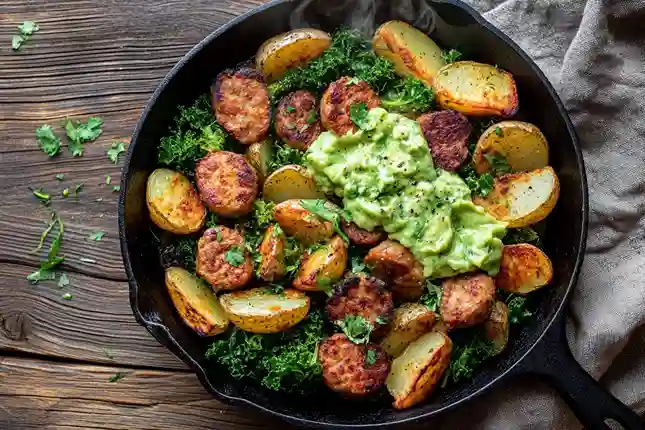 A hearty eggless breakfast skillet with crispy potatoes, sausage, and kale, topped with avocado cilantro sauce, served in a cast iron pan.