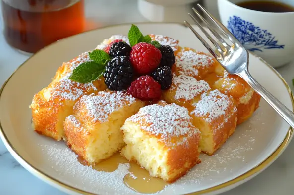 Close-up of Hawaiian Roll French Toast, golden brown with maple syrup and fresh berries on a plate.