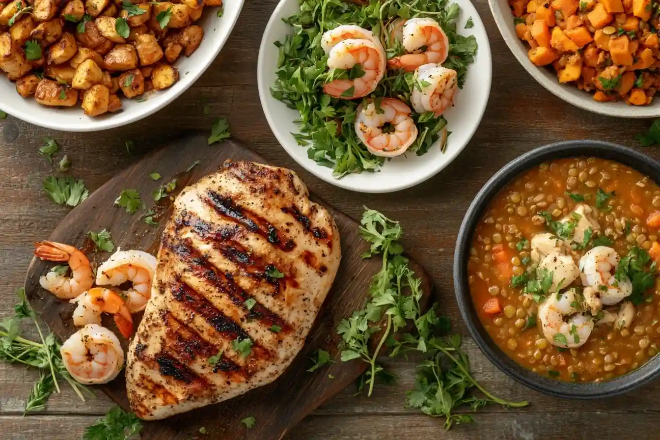 A delicious spread of high-protein dinner recipes including shrimp, chicken, turkey, and lentil soup, arranged on a wooden table with fresh ingredients.
