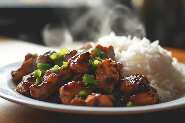 A close-up of homemade black pepper chicken stir-fry with a glossy black pepper sauce, served with jasmine rice and garnished with green onions.