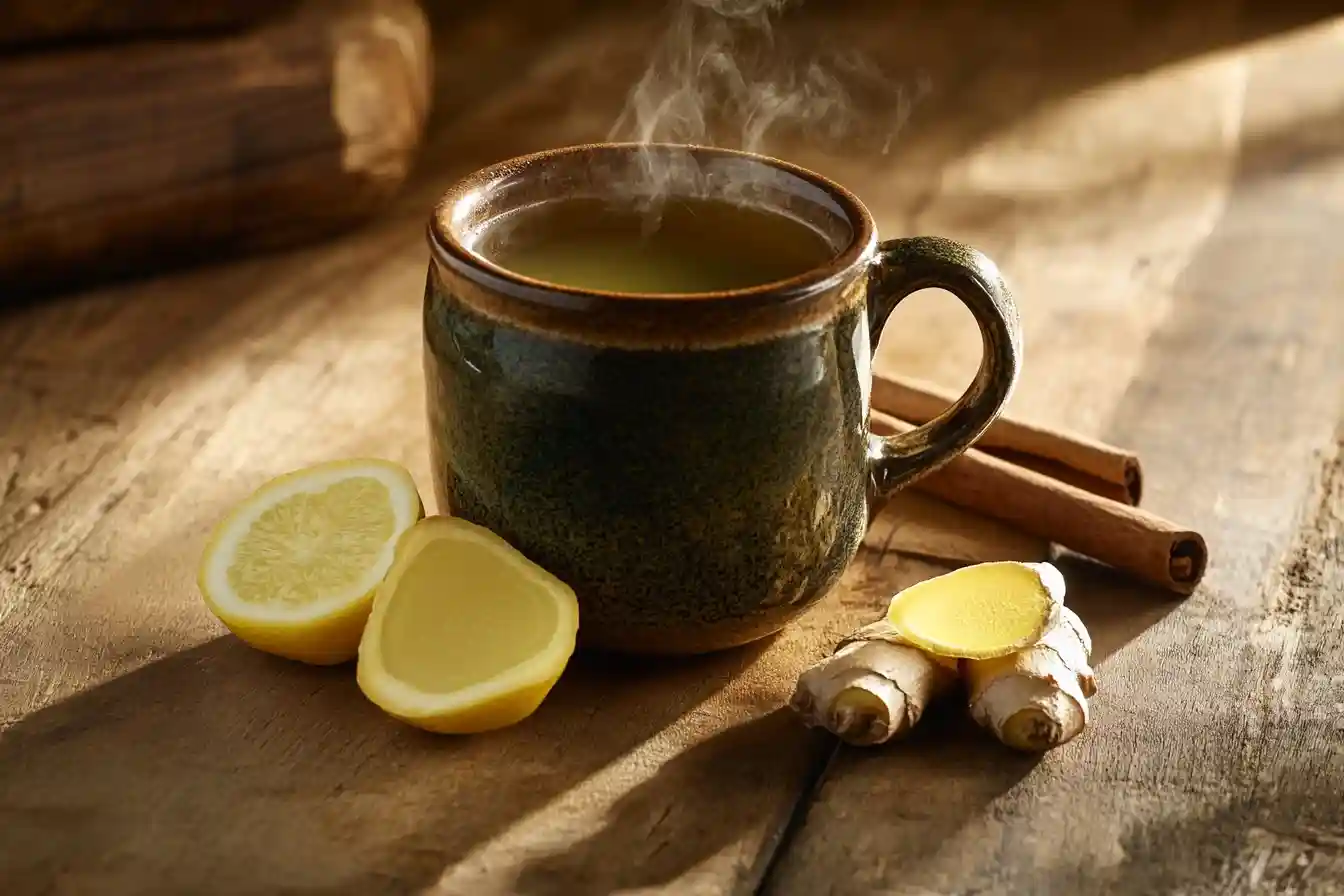 A warm cup of homemade ginger tea with fresh ginger slices, honey, and lemon on a rustic wooden table.