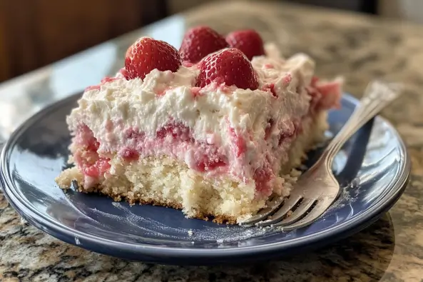 Freshly baked Strawberry Earthquake Cake with swirls of cream cheese and a glossy strawberry glaze, served on a white plate.
