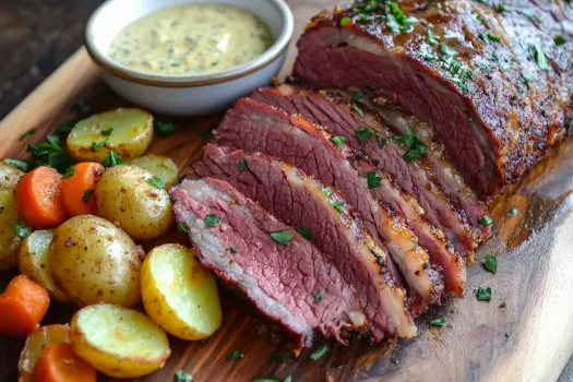Baked corned beef with a crispy, caramelized crust, sliced and served with roasted cabbage, baby potatoes, and carrots on a wooden board.