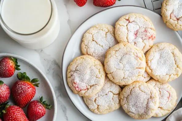 Freshly baked strawberry cake mix cookies with a chewy texture and powdered sugar dusting, arranged on a cooling rack with fresh strawberries.