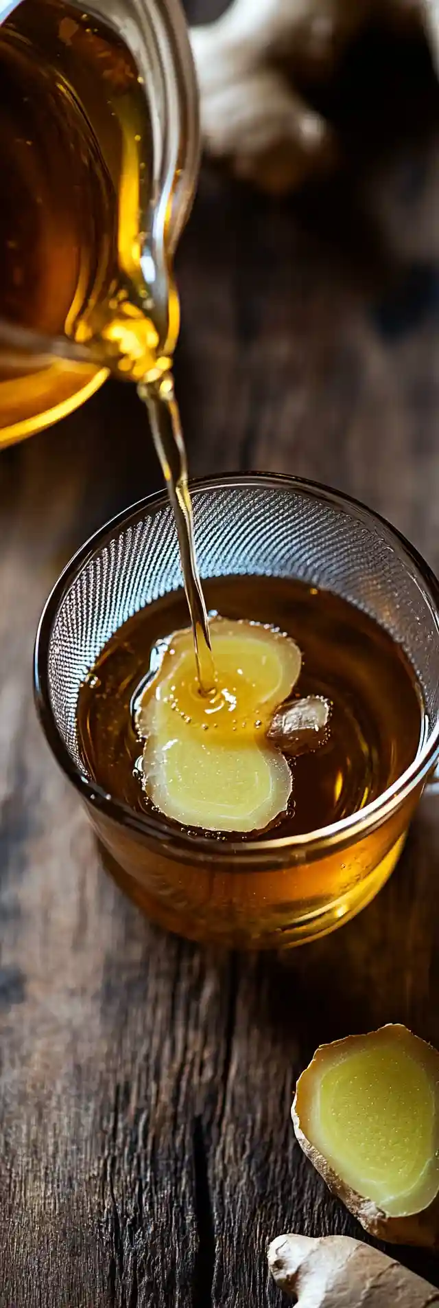 Straining freshly brewed ginger tea into a glass mug with honey on the side.