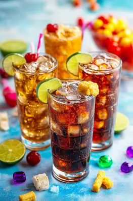 A colorful selection of different Dirty Soda variations with labels and fresh ingredients