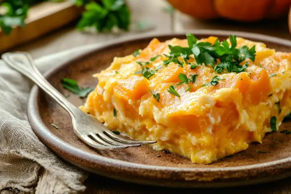 A delicious roasted butternut squash and sweet potato dish with golden caramelization, garnished with fresh rosemary on a rustic wooden plate.
