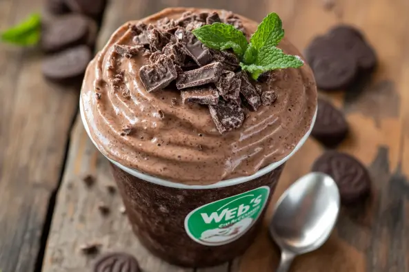A creamy Thin Mint Frosty in a Wendy’s cup, topped with crushed Thin Mint cookies and a sprig of mint, sitting on a wooden table.
