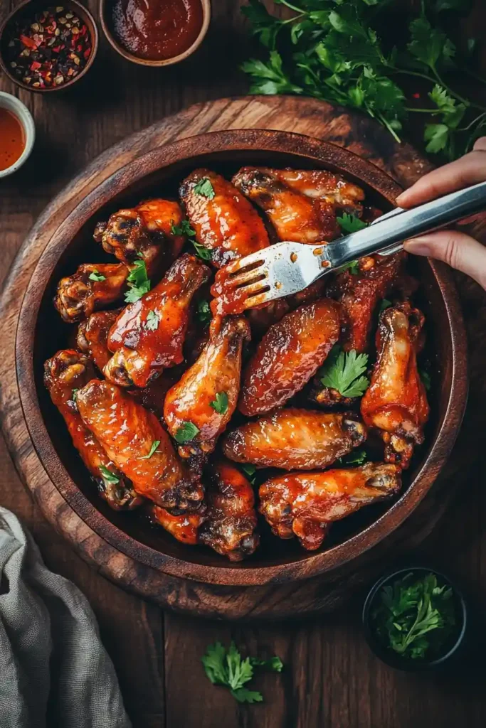 Crispy baked wings being tossed in buffalo sauce for extra flavor.