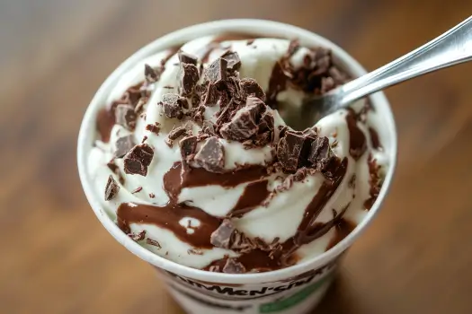 A rich and creamy Wendy’s Thin Mint Frosty with chocolate-mint swirls, garnished with crumbled Thin Mint cookies, served in a Wendy’s cup.