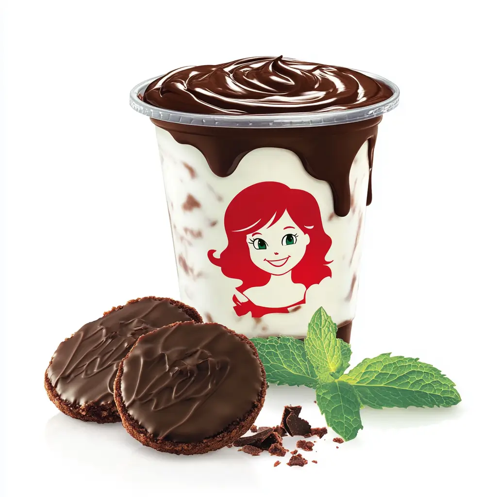 Delicious Wendy's Frosty with chocolate drizzle and Thin Mint-style cookies on a white background