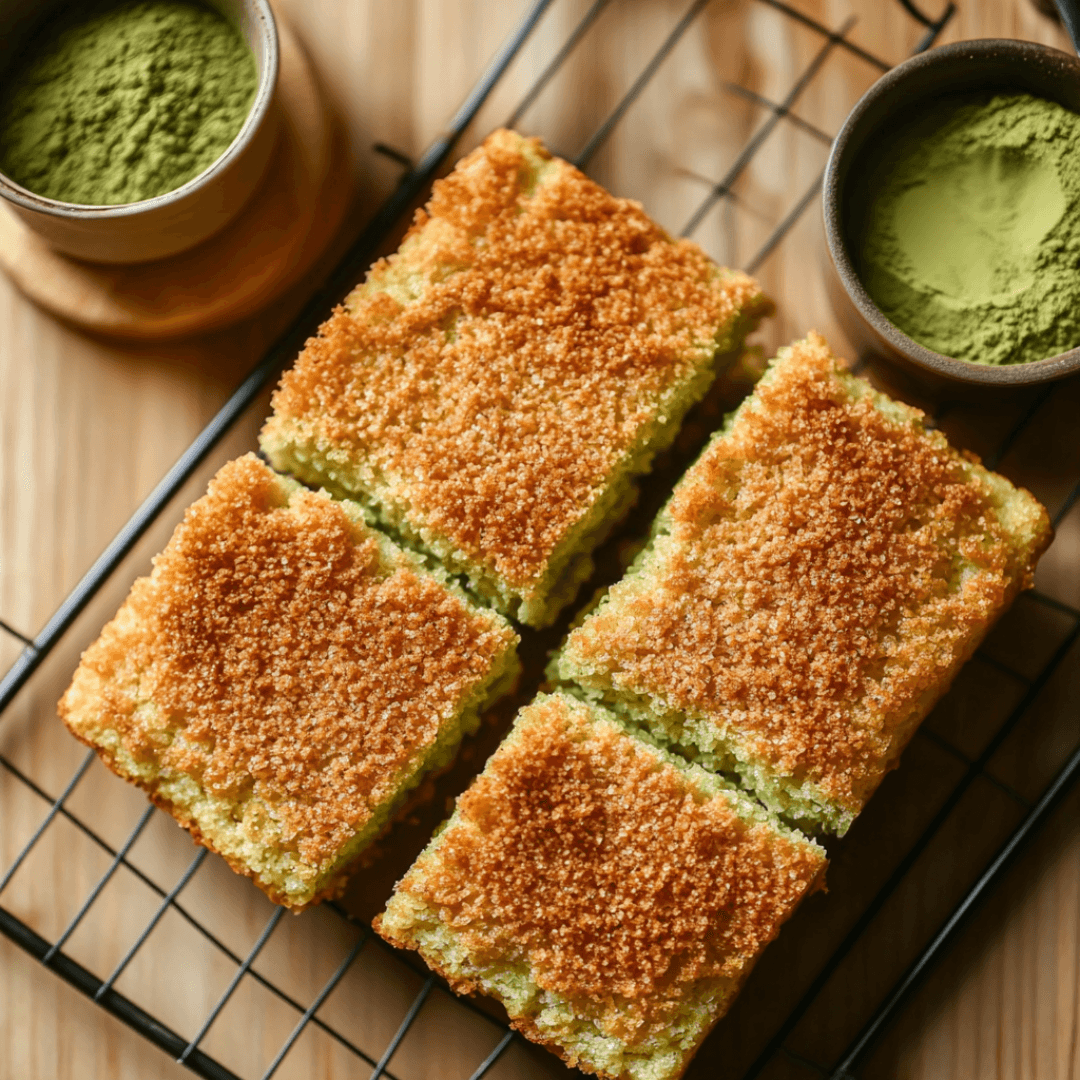 Freshly baked Matcha Pan with a crisp Panko coating and creamy matcha white chocolate filling, placed on a cooling rack.
