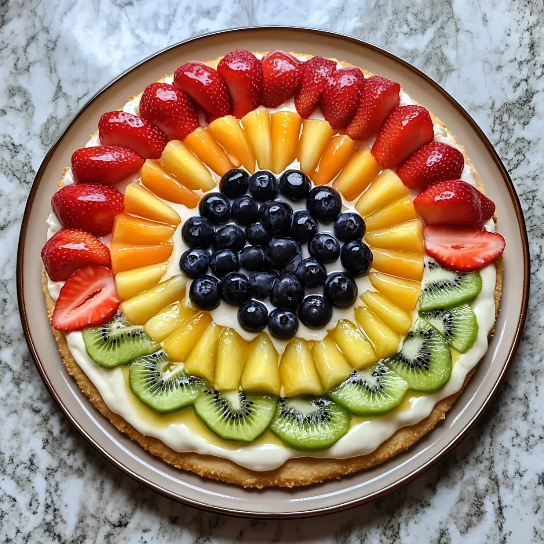 A vibrant Easter Egg Fruit Pizza with fresh fruit toppings on a sugar cookie crust, placed on a white serving platter with Easter decorations.