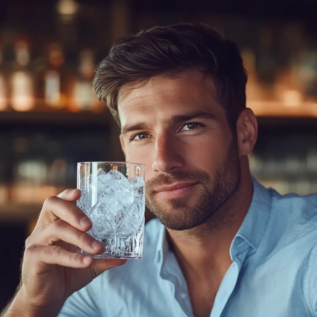 A confident man holding a salt-based stamina drink, known for improving endurance and vitality.