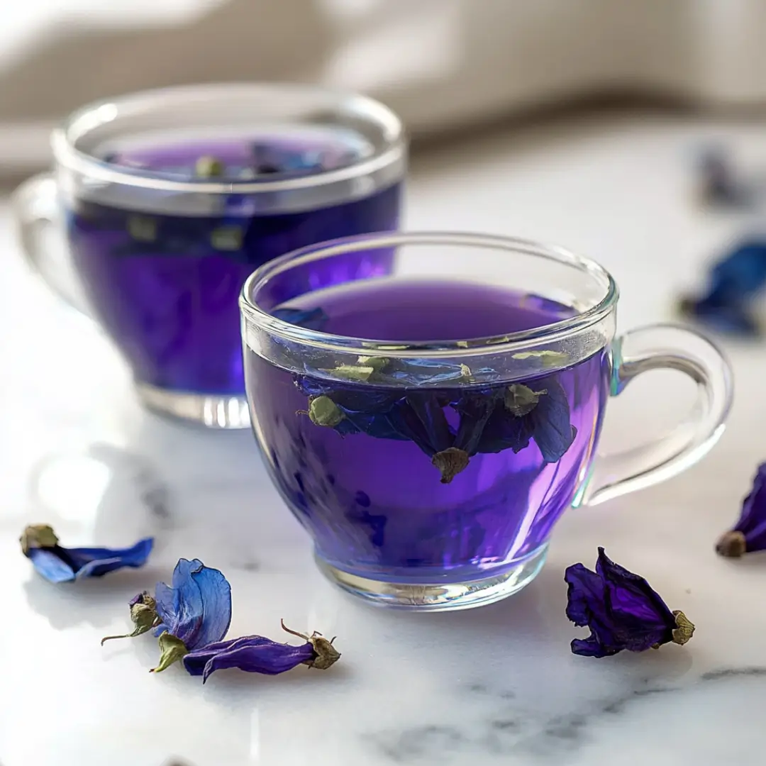 A glass cup filled with vibrant blue butterfly pea flower tea, garnished with dried petals on a marble surface.