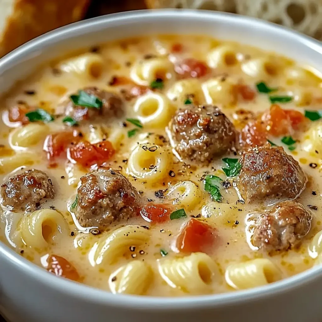Bowl of creamy parmesan Italian sausage soup with ditalini pasta, meatballs, and fresh parsley.