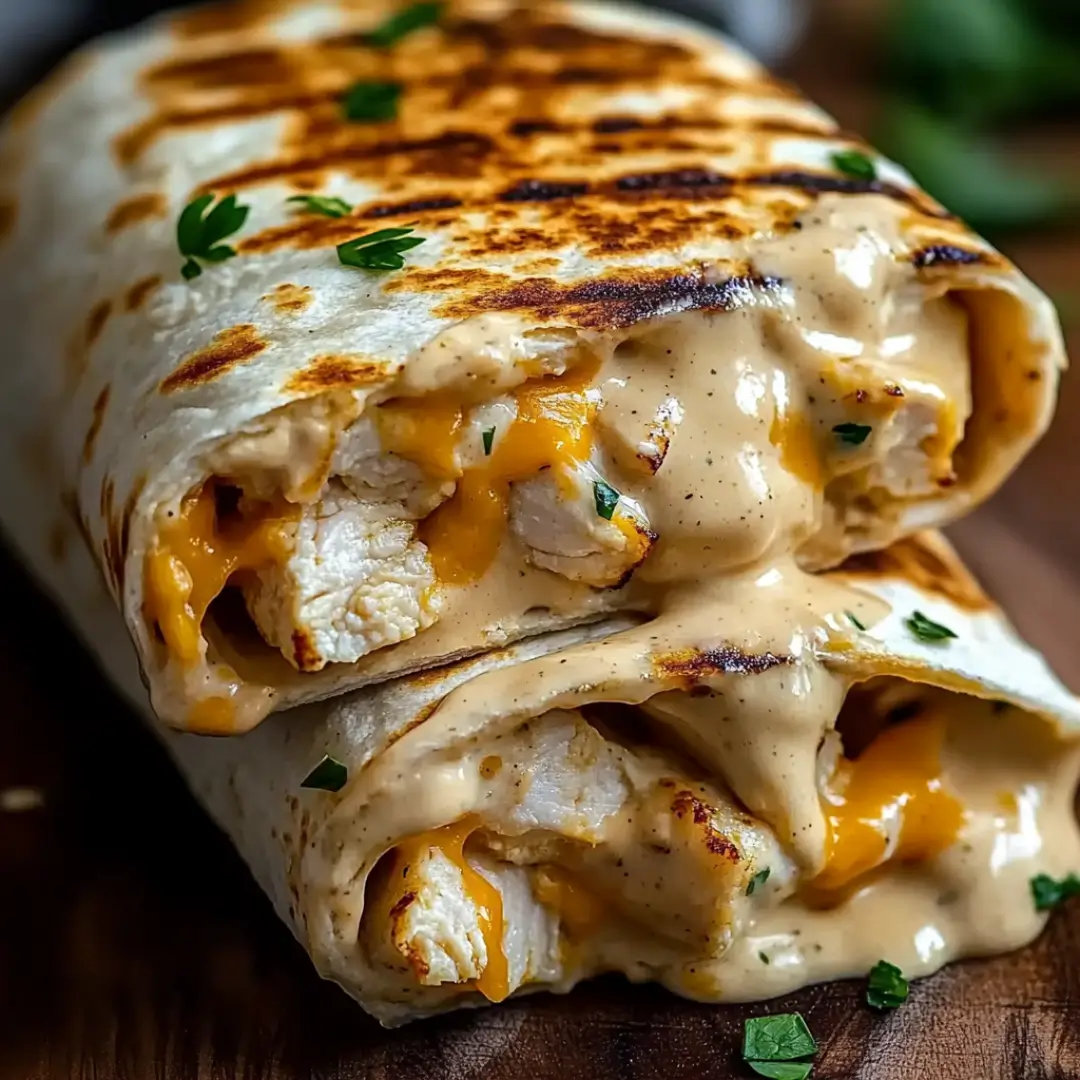 Cheesy garlic chicken wraps with golden, crispy tortillas, juicy chicken, and melted cheese oozing out.