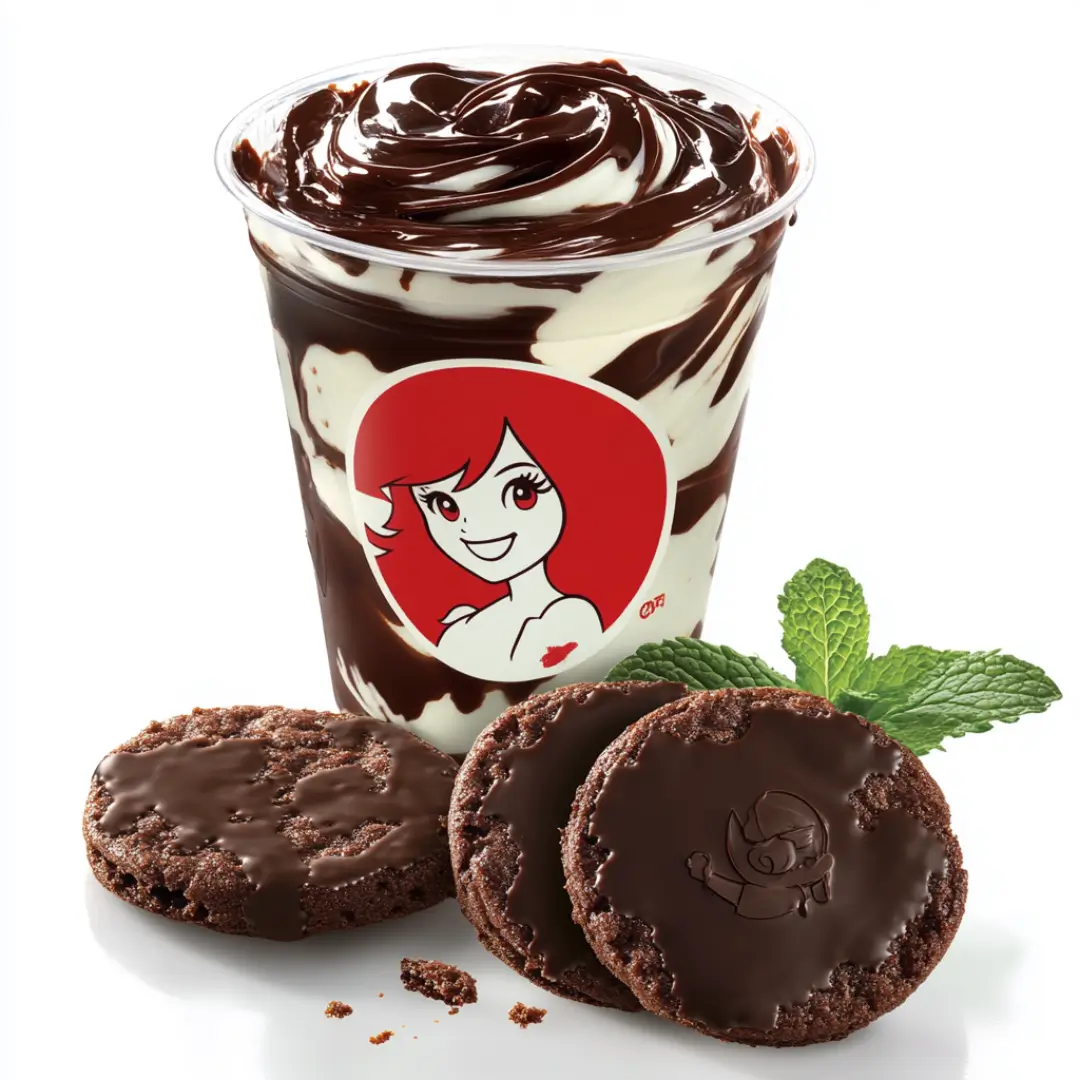 Wendy’s Girl Scout Cookie Frosty with swirls of chocolate, Thin Mint cookies, and fresh mint garnish.