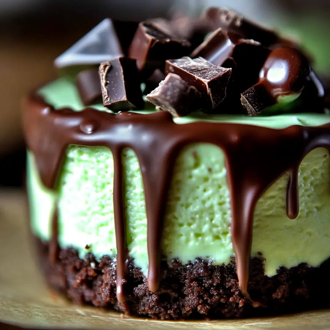 Close-up of an Andes Mint Mini Cheesecake with a chocolate crust, creamy green mint cheesecake filling, and rich melted chocolate drizzle topped with chopped Andes Mint candies.