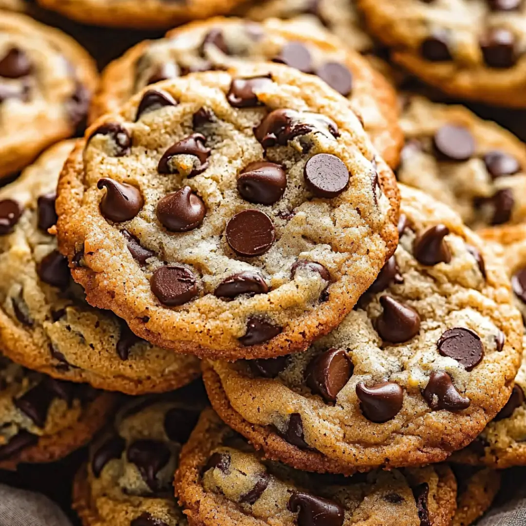 Freshly baked bakery-style chocolate chip cookies with golden-brown edges and melty chocolate chips stacked on top of each other.