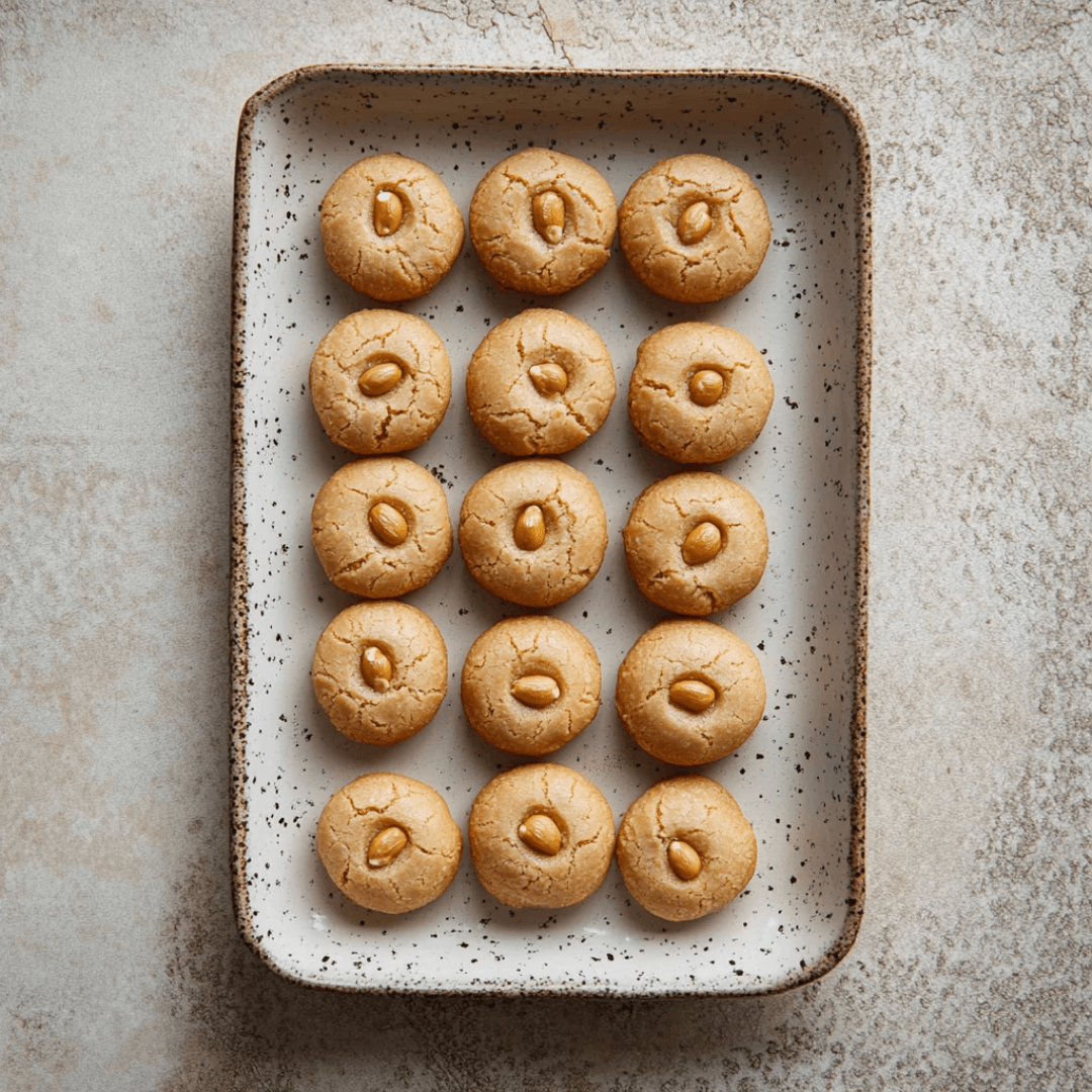 Chinese New Year Peanut Cookies neatly arranged on a baking tray, golden brown with a peanut on top.