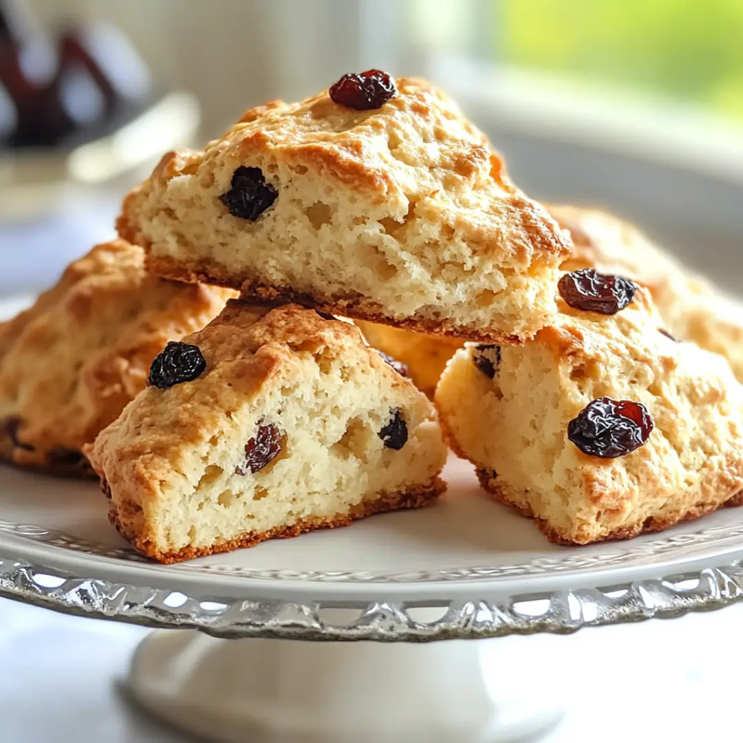 Freshly baked Irish soda bread scones with golden crusts and raisins, served on an elegant cake stand.