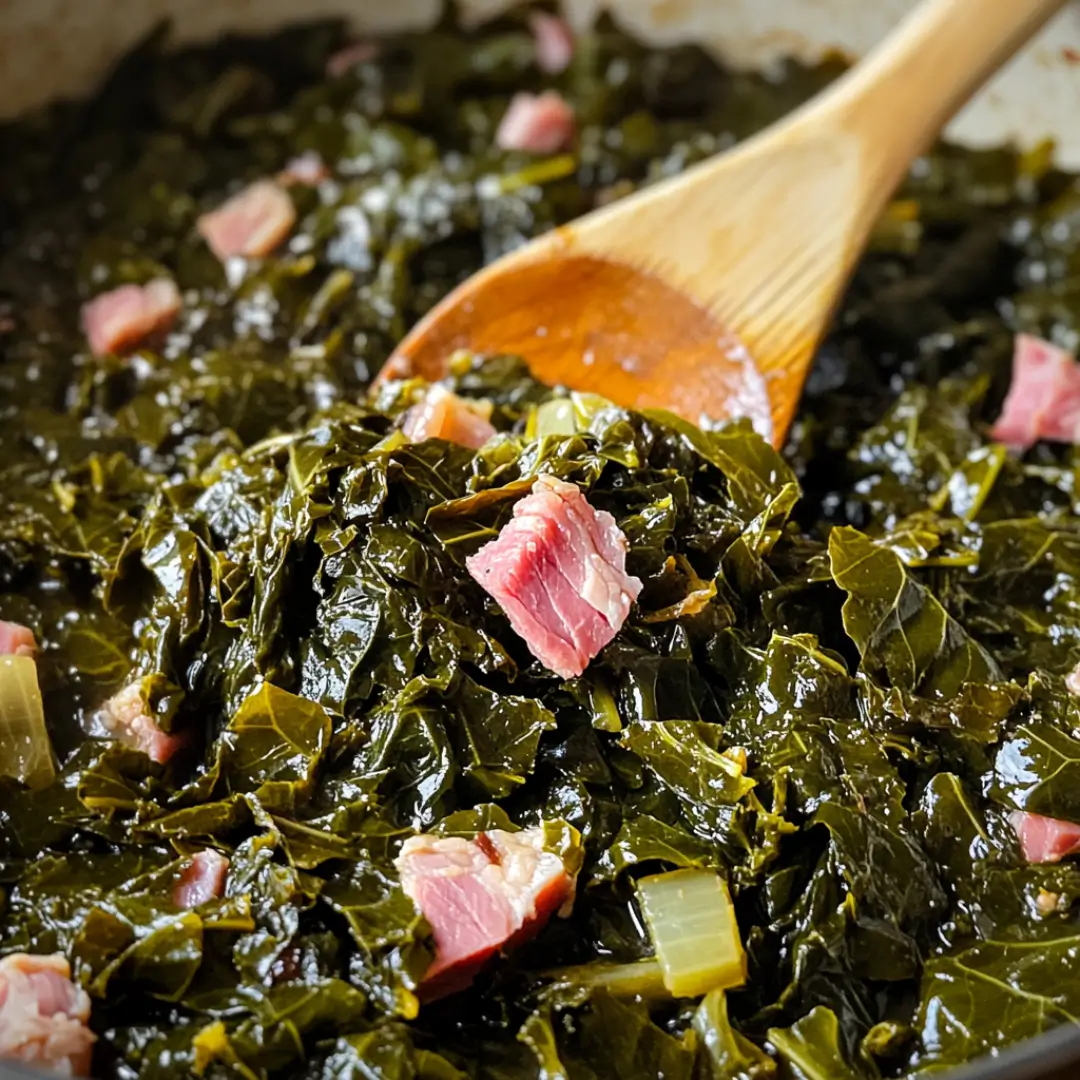 Close-up of Southern collard greens and ham hocks simmered with smoked pork and seasoned broth