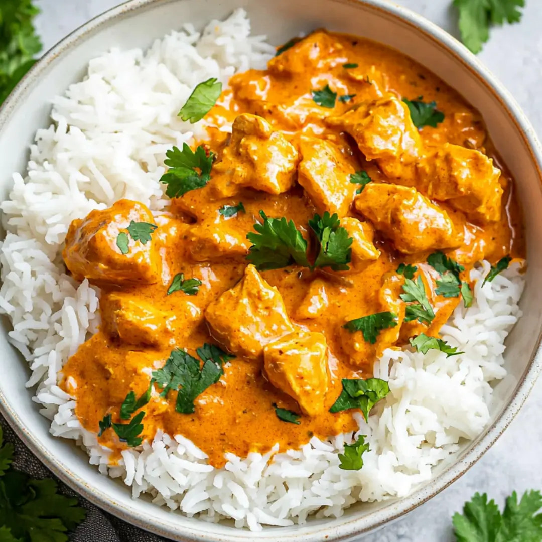 Creamy Chicken Curry with Rice and Fresh Cilantro Garnish