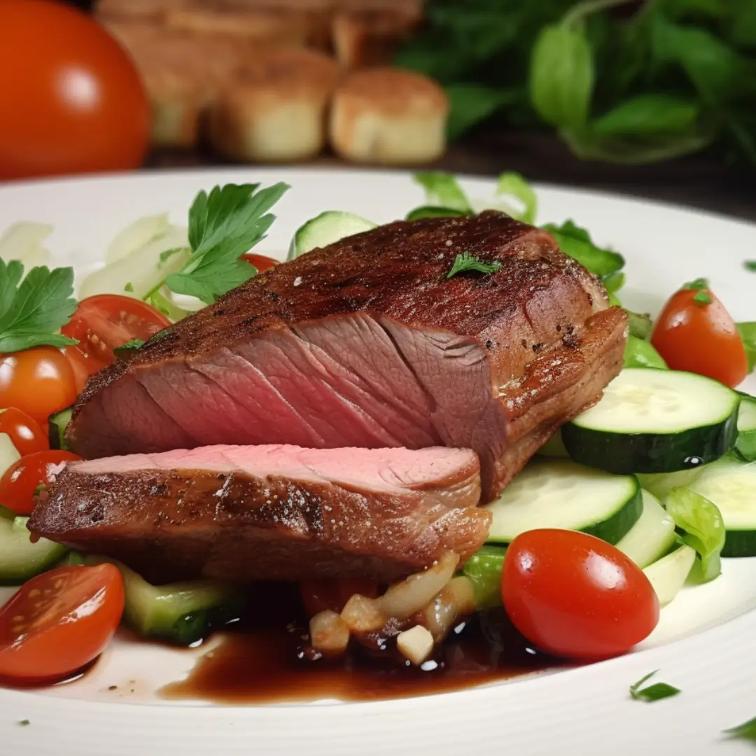 Sliced pan-seared duck breast served on a bed of cherry tomatoes, cucumber, and greens with a red wine reduction sauce