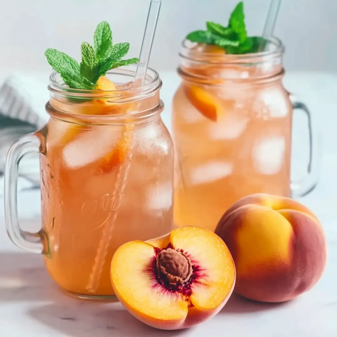 Fresh peach lemonade in mason jars with ice and mint leaves, served with peach slices for a refreshing summer drink.