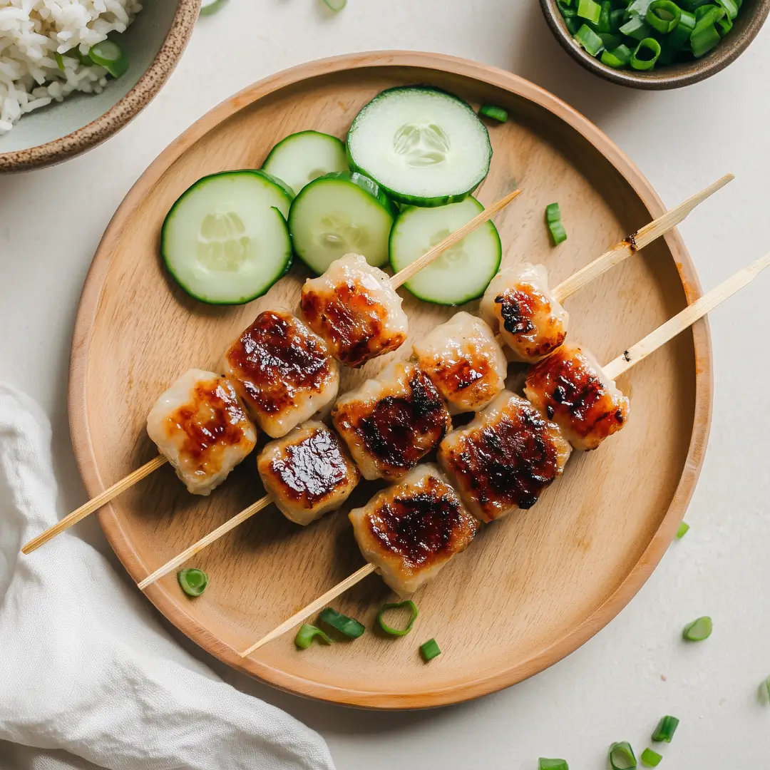 A plate of Taiwanese Sausage Skewers with grilled pork sausage and chewy rice cakes, garnished with peanuts and green onions, served with dipping sauces.
