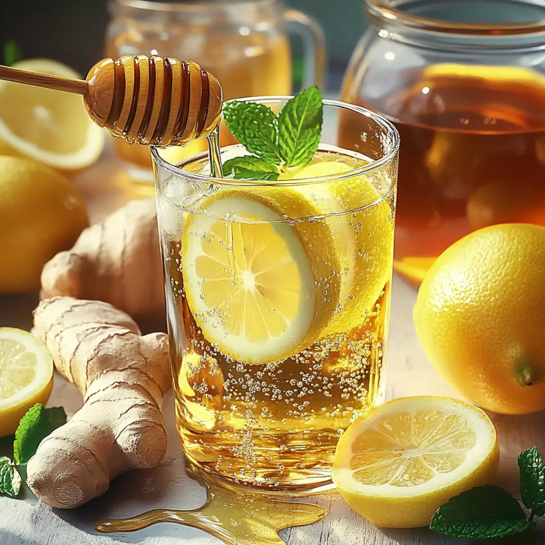 A vibrant glass of Brazilian Mounjaro drink with ice, lemon slices, and a cinnamon stick, surrounded by its natural ingredients.