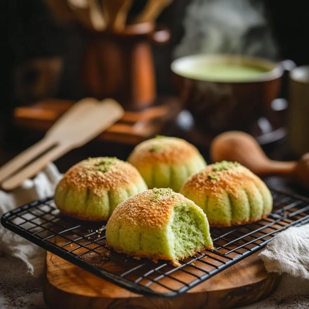 Freshly baked matcha melon pan with a crisp, golden-brown cookie crust and a vibrant green hue, served on a wooden board.