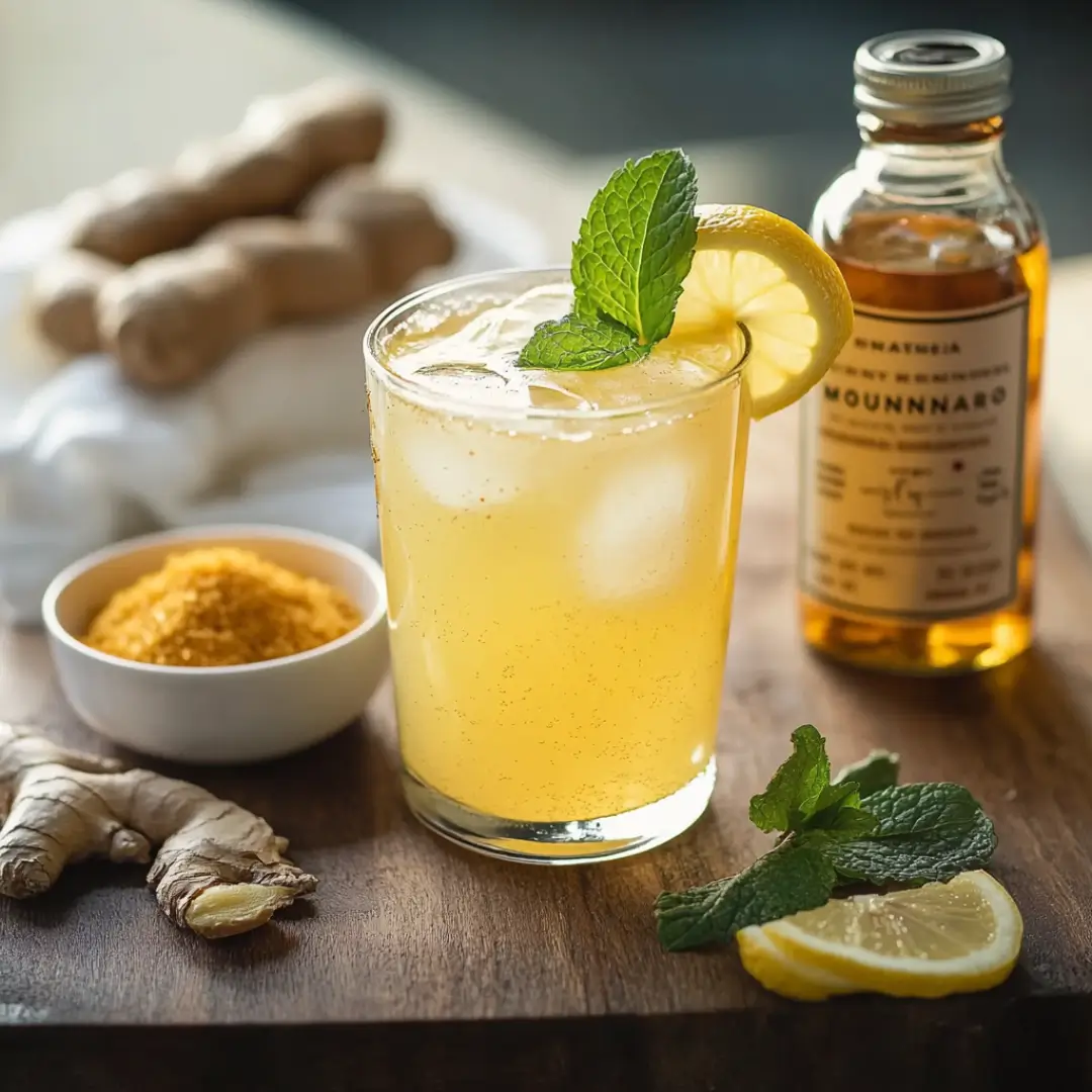 A refreshing glass of Natural Mounjaro drink with lemon and mint, placed on a wooden table with detox ingredients nearby.